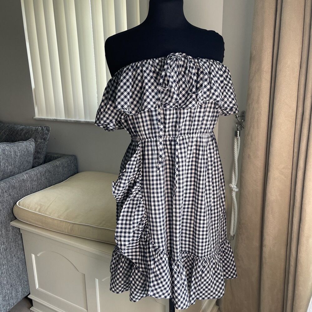 J crew Blue Gingham Off-Shoulder ruffles lined Dress M